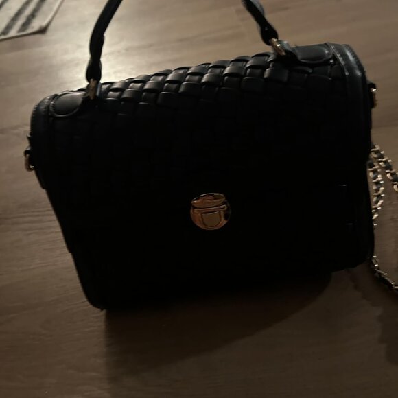 Neiman Marcus Black Tweed Vegan Leather Hand Woven Handbag - Picture 2 of 8